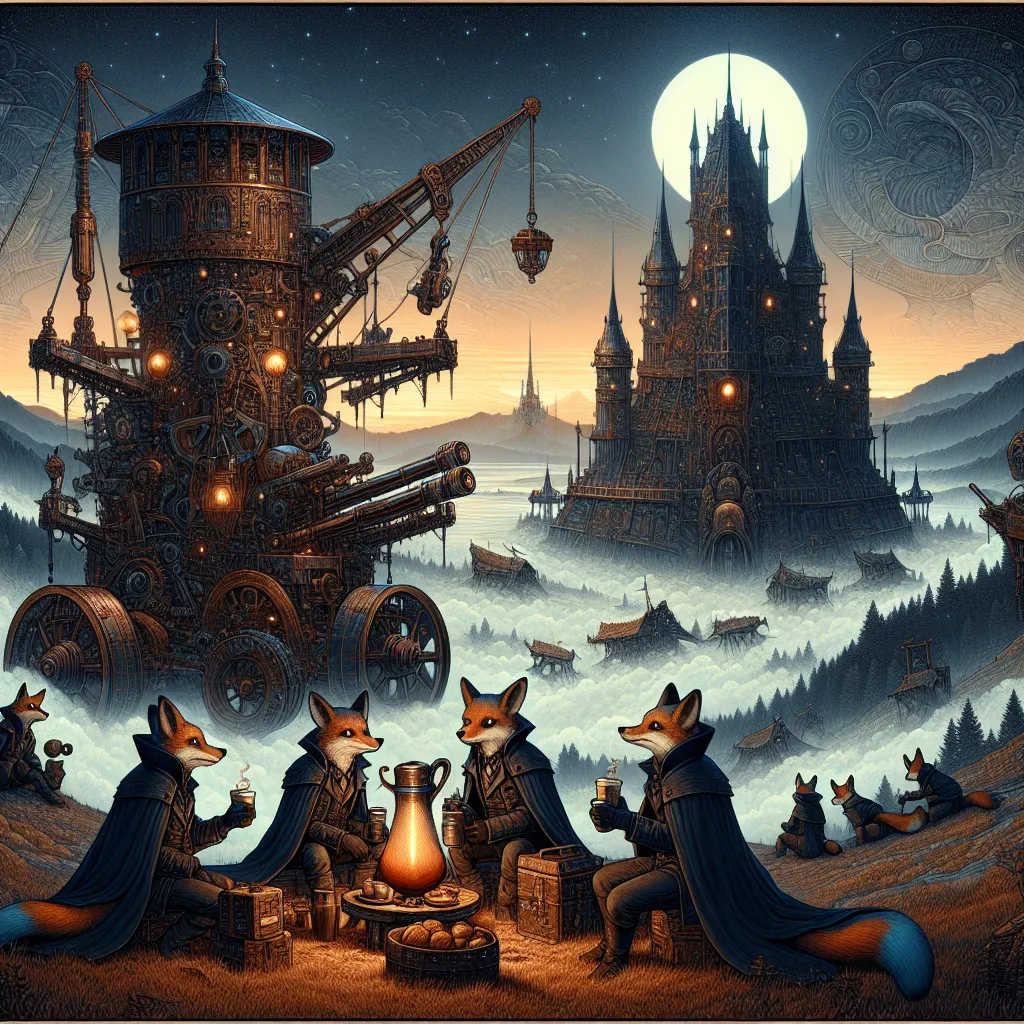 Prompt: {
  "prompt": "Illustrate a steampunk and gothic scene at dawn with an epic trebuchet and four anthropomorphic blue fox adventurers. The setting includes a dark, steampunk landscape with Dracula's fortress on a distant hill. Highlight the trebuchet with steampunk designs. Characters: Sebastian (leader), Alistair (sharpshooter), Finnegan (engineer), Cedric (medic). Include a coffee break with a steampunk coffee maker, carafe, and krumpets. Use dawn light to highlight details and create a dark, adventurous mood."
}