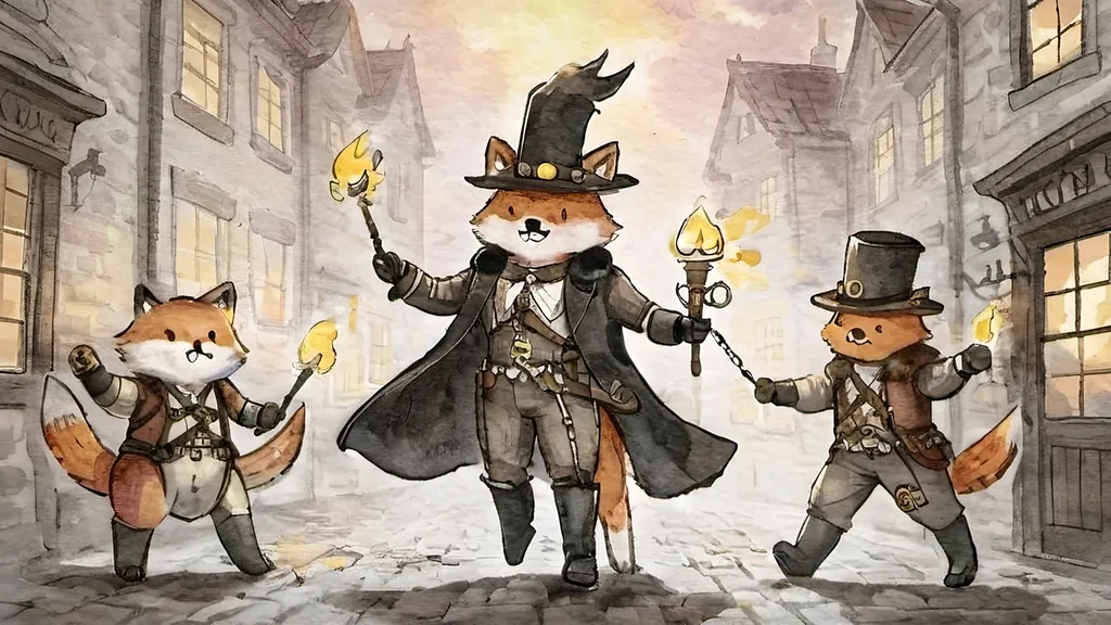 Prompt: Amid cobblestone,
Metallic dragon armor,
Gas lamps flicker bright.

Top hats, goggles gleam,
Elaborate costumes dance,
Street alive with dreams.

A staff’s fiery glow,
Adventure in steampunk air,
Brick buildings bear tales.

Gothic shadows loom,
Beasts in armor stand ready,
Mystery in eyes.

Crossbow in fur coat,
Fox with torch and long rifle,
Skull helm leads the pack.

Wolf holds skulls in hand,
Lion mask with fierce courage,
Dim light, gothic vault.

Ball of musketeers,
Steampunk twist joins old valor,
King's guard fierce and true.

Gallant swordsmen three,
Innovative one appears,
Guardian's cry heard.

Camaraderie,
King’s gift of inventive tools,
Bond of strength renewed.

Court’s festivity,
Blend of chivalry and steam,
Loyal hearts defend.