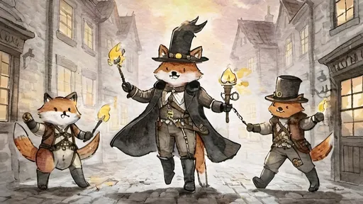 Prompt: Amid cobblestone,
Metallic dragon armor,
Gas lamps flicker bright.

Top hats, goggles gleam,
Elaborate costumes dance,
Street alive with dreams.

A staff’s fiery glow,
Adventure in steampunk air,
Brick buildings bear tales.

Gothic shadows loom,
Beasts in armor stand ready,
Mystery in eyes.

Crossbow in fur coat,
Fox with torch and long rifle,
Skull helm leads the pack.

Wolf holds skulls in hand,
Lion mask with fierce courage,
Dim light, gothic vault.

Ball of musketeers,
Steampunk twist joins old valor,
King's guard fierce and true.

Gallant swordsmen three,
Innovative one appears,
Guardian's cry heard.

Camaraderie,
King’s gift of inventive tools,
Bond of strength renewed.

Court’s festivity,
Blend of chivalry and steam,
Loyal hearts defend.