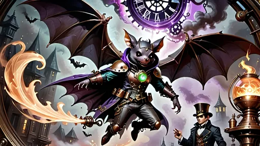 Prompt: Within arcane realms,  
Anthropomorphic bat-bodied figures glide,  
Unfurled wings sweeping through twilight skies.  
In the heart of the commune, amidst steampunk wonders,  
Three bat boys embark on a daring adventure.
Clutching a crystal sphere,  
Its vivid world encapsulated within,  
A steampunk elder reflects,  
Embracing the ethereal with knowing eyes.  
Trompe L'oeil’s whispered spell,  
Warlock's alchemy, and ancient intrigues guide them. Prehensile devil fleshy arrowhead shaped tail tips
Luciferin hues dance in the air,  
Psychedelic flames casting an otherworldly glow,  
Smoke weaving mystical tales of yore.  
The boys, undeterred, stop and have full steampunk coffee service, milk art coffee break,  move forward,  
Their high-top sneakers, a blend of leather and copper,  
Pounding the rugged terrain with determined strides.
Amidst the expansive panorama,  
Nature's flame essence glows,  
Revealing the fantasy world unfolding.  
Each step brings new perils,  
Each flutter of their wings a brush with fate.
High above, the stars bear silent witness,  
To their bravery and camaraderie,  
In the face of overwhelming odds.  
Bound by duty and a brotherhood unspoken,  
They carve their path through the heart of the commune,  
Their journey just beginning in this steampunked twilight.
With enhanced fingers tracing ancient maps,  
Expressive eyes searching for the next clue,  
They press forward into the unknown,  
Their bond a beacon in a world fraught with danger.  
Through the shimmering veil of smoke and flame,  
The adventure of three bat boys,  
Against all odds,  
Continues into the night.