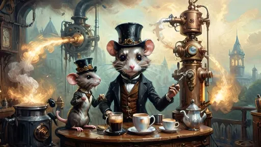 Prompt: In the world of steampunkesque civilization,  
Anthropomorphic kind,  
Mechanized rat gang fights,  
Bloodcurdles in the air,  
Their fine detail shines,  
With unique weapons' glare.  
Tiny paws create
Latte art in morning light—
Whisker brews delight
Morning light ascends,
Coffee’s warmth in hand, I greet
Day’s fresh whisperings.
Cogs turn and steam puffs,
Bronze machine brews liquid gold—
Clockwork carafe gleams.
**Anthropoid Dreamscape**  
Copper sinews writhe,  
Phantoms of destiny,   
Mechanized rats clash.  
**Heroic Enervescence**  
Pistons echo brave,  
Anthropomorphic might,  
Valor's glow abloom.  
**Luminescent Silhouettes**  
Shadows dance aglow,  
Spectral elegance wafts,  
An eerie ballet.  
**Synergistic Fusion**  
Silver and gold dance,  
Ethereal opulence,  
In a world's embrace.  
**Temporal Ephemerality**  
Careful hues unfold,  
Dreamlike focus gleams within,  
In spectral twilight.  
**Action’s Transmutation**  
Muzzle flash sparks fight,  
Techno-gadgets pulse and light,  
Vivid scenes ignite.  
**Delicate Vicissitude**  
Machinery's details,  
Negative space softly breathes,  
In mystic allure.  
**Ephemeral Resonance**  
Breath of old and new,  
Pneumatic whispers rise,  
In sepia's hue.