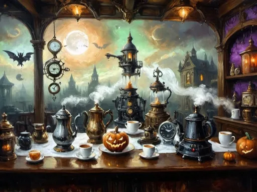 Prompt: ethereal steampunkesque coffee bistro in the clouds with angels and celestials, dreamlike atmosphere with mechanical steampunk elements, antique bronze, copper gradients, silver and gold accents. The space is heavenly and dreamlike, filled with Halloween elements like jack-o’-lanterns, phantoms, eerie Victorian attire, and a gothic twist. There are shadowy ruins and misty landscapes under stark chiaroscuro lighting, with eerie mists glowing in shades of brown, purple, and green. Celestial beings in fun macabre Victorian attire with ornate brass coffee makers and carafes add to the scene's whimsical yet haunting atmosphere.