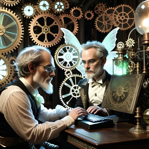 Prompt: A steampunk scene set in the 19th century featuring a philosopher at a desk surrounded by intricate gears, cogs, and pistons. The philosopher, resembling Epictetus, is deeply focused on a computer screen displaying an ethereal fairy composed of glowing, translucent digital patterns. The fairy, named Absinthea, has delicate, semi-transparent wings and is illuminated by soft, pastel colors such as baby blues, antique bronze, and copper gradients. The scene is bathed in a soft, ethereal light, with lens flares and glowing edges around the fairy, creating a dreamlike atmosphere. The philosopher’s study is lit by gaslight, with brass and leather accents, and the light casts soft shadows, emphasizing the contrast between the mechanical world of the philosopher and the otherworldly presence of the fairy. The entire scene blends the tangible steampunk elements with the digital, ethereal form of the fairy, creating a harmonious yet contrasting visual composition.