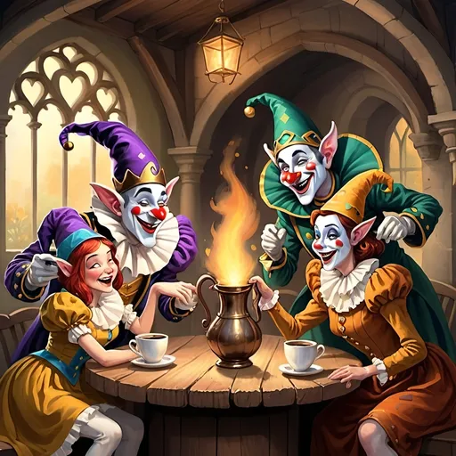 Prompt: ### I. The Jovial Troupe
Quibble, the favored jester,  
Finds solace among his troupe,  
A motley crew of mirth.
### II. Diverse Gifts
Jangle's nimble feats amaze,  
Merry’s voice enchants the soul,  
Each talent a treasure.
### III. Joyful Circus
Tumble's wild antics provoke laughter,  
Gleek's mimicry softens stone hearts,  
Colors of joy unfurl.
### IV. Morning Delights
As the sun's golden rays ascend,  
Steam swirls in cups of blissful brew,  
Delighting weary souls.
### V. Traveling Performers
Through fields of green they journey,  
Entertaining lords, merchants, serfs alike,  
Their art a gift to all.
### VI. The Duke's Challenge
In Duke Henry's solemn court,  
Their spirits tested, met with zeal,  
Undeterred by stern gazes.
### VII. Spreading Laughter
Quibble leads with charm and wit,  
His tales and jests a balm,  
Laughter infectious.
### VIII. Unfortunate Misstep
A servant's clumsy spill,  
Quibble's mimicry awry,  
A spark that ignites ire.
### IX. Facing Wrath
“What insolence!” thunders the Duke,  
Hearts heavy with disappointment,  
Yet resolve unbroken.
### X. Nights of Reflection
By the fire's gentle glow,  
Quibble's heart heavy, consoled by loyal hearts,  
Stronger together.
### XI. Resilient Resolve
“New court beckons,” whispers Merry,  
Lute echoing hope’s melody,  
United they stand.
### XII. Morning Reverie
In dawn's embrace,  
Coffee's warmth soothes,  
Spirits renewed.
### XIII. A Fresh Start
In a kinder court they perform,  
Fear's grip loosened,  
Quibble's smiles genuine.
### XIV. Eternal Bond
Laughter's thread weaves,  
A shared journey, spirits entwined,  
Jesters eternal.