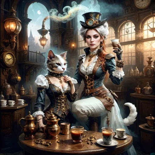 Prompt: In fog's tender grasp
Neo-Victorian streets
Two souls move as one
Steampunkesque construct
Brass gears on alabaster
Eyes sharp as the moon
By her side, a soul
Anthropomorphic guide
Tattooed with the past
He stands resplendent
Colorful hat, white ponytail
Ethereal knight
Funk hues swirl around
Morning Coffee, carafe, 
Light foam art, shadows
Cat with glistening coat
Dances near, a vibrant touch
Whimsy in their quest
In dawn’s soft embrace
Warrior and soul entwined
Dreamlike journey shared