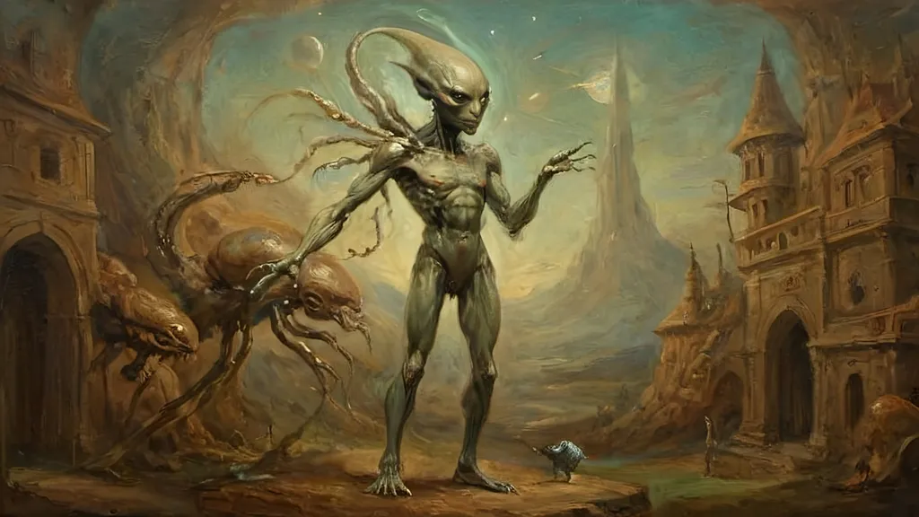 Prompt: Sophisticated scene with an anthropomorphic alien figure, ethereal and unnervingly graceful, gliding through, extra-jointed limbs, deliberate and artful interactions, poised, effortless authority, showcasing a world where art, magic, and machinery converge with savoir-faire.