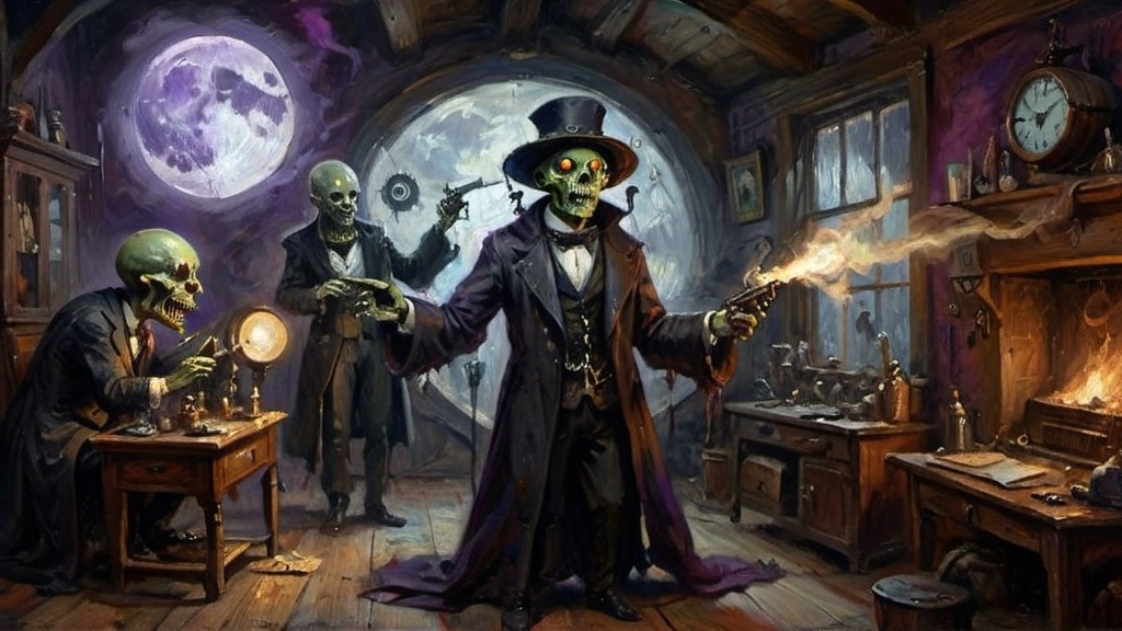 Prompt: shadowy Edwardian workshop filled with ancient, advanced steampunkesque gadgets, cloaked figure with a ghoulish, ghastly visage emerges, holding blunderbuss emits an eerie, ethereal light. Deuteragonists, anthropomorphic zombie aliens dance under a pale moon, their twisted forms laughing grotesque with tension and dread, with multicolor Luciferin patterns pulsing in the shadows. The color palette features deep purples, blacks, and luminescent hues, evoking a sense a tale of boundless strife.