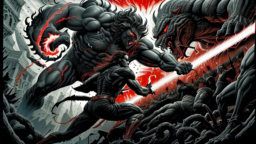 Prompt: A dynamic graphic novel-style scene of a hero battling a colossal monster, using a red, black, and white color palette. The hero is leaping through the air, about to strike the monster. The hero is rendered in stark black with red highlights on their sword and eyes, with white highlights for muscle definition and motion. The colossal monster is menacing, depicted in black with glowing red eyes and wounds, set against a white background. Motion lines in white emphasize the hero's movement, with bold lines and dramatic shadows enhancing the intensity of the battle. High contrast between the colors creates a striking, action-packed image in a bold and vivid style.