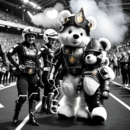 Prompt: In a bustling metropolis where technology and society harmoniously intertwine, stands a grand stadium where the futuristic echoes of cheering fans fill the air. Enter Albärt the teddy bear , the anthropomorphic mascot of UEFA EURO 2024, transformed into a towering plushy iteddy bear, clad in fluffy plushy fur adorned with the team's iconic crest.
On game day, the streets pulse with energy as fans in augmented reality headsets and holographic jerseys make their way to the state-of-the-art stadium. Albärt the teddy bear , with his LED-lit eyes gleaming with fervor, leads the UEFA EURO 2024 faithful in a procession towards the arena, his every step resonating with the thunderous roar of digital drums and futuristic chants.
Inside the stadium, the atmosphere is electrifying as fans immerse themselves in a sensory overload of advanced holographic displays and interactive technologies. Albärt the teddy bear , towering over the crowd, commands attention with his imposing presence, his metallic tail swaying with anticipation as he interacts with young and old fans alike through neural-linked communication devices.
As the match commences on the technologically enhanced pitch below, Albärt the teddy bear  becomes the beacon of UEFA EURO 2024's spirit, inspiring the team and fans alike with his unwavering loyalty and passion. With each goal scored, his plushy frame lights up in a luciferin dazzling display of victory, igniting a wave of euphoria among supporters who see in him the embodiment of the team's indomitable spirit.
In this futuristic steampunkesque world, Albärt the teddy bear  stands not only as a symbol of UEFA EURO 2024's legacy but also as a testament to the enduring bond between fans, technology, and the timeless spirit of competition that unites them all in the pursuit of victory.
