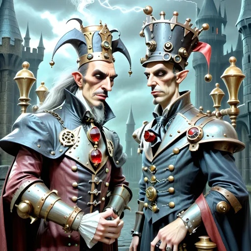 Prompt: In the chilling realm of dark command,  
Anthropomorphic king in siege,  
Golden goblets filled with coffee grand,  
To serve the steampunked league.
Through corridors of dread and fear,  
Where shadows dance with gargoyle's might,  
In gothic gears and enchantments drear,  
The king awaits the coming fight.
His regal cape of crimson hue,  
Amidst the storm and lashing rain,  
Anthropomorphic bats, in crescent swoon,  
Crossbows poised with deadly aim.
Upon the battlements they stand,  
Dracula’s gaze, a chilling sight,  
In steampowered grace, a dark demand,  
His realm aglow with eerie light.
Machinery groans with dark intent,  
Metal entwines with magic's bane,  
As trebuchets in darkness, bent,  
Prepare to breach the domain.
Through the whirling storm they press,  
Defenders tense, the siege at hand,  
In a Gothic tale of dark distress,  
Where steampunk and dread command.
In the clash of bronze and copper gleam,  
Gothic horrors meet the day,  
A macabre symphony, a darkened dream,  
In the realm where shadows play.
So unfolds the king's dark verse,  
Steeped in steampunk's cursed allure,  
Anthropomorphic sovereign's curse,  
In a gothic saga, dread and pure.