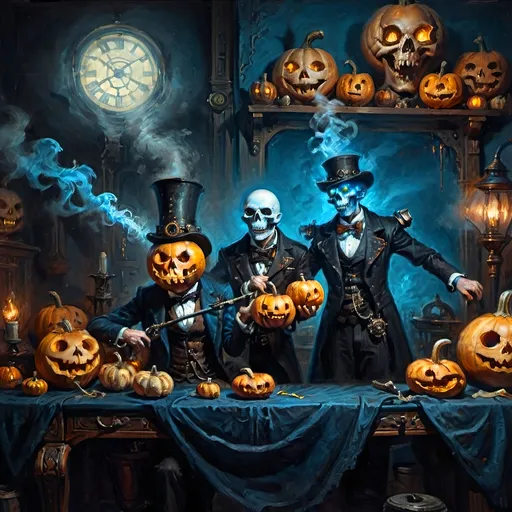 Prompt: Anthropomorphic
Strigoi toil away
Steampunkesque, sentient
technologically apt
Blunderbuss muzzle flashes
eschatologically 
By augury's hue
Strigoi tendrils hued neon
Unfurling their dread
In machinist gloom
Electric azure punctuates
Phantasmagoric
Intricately carved pumpkins
Chiaroscuro's embrace
Amidst gourd carved lantern woe
Rusty spires ascend
Mist enshrouds ephemeral
Realms straddle and scream
Vibrant hues collide
Spectral visages convulse
Enigmatic dread