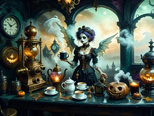 Prompt: ethereal steampunkesque coffee bistro in the clouds with angels and celestials, dreamlike atmosphere with mechanical steampunk elements, antique bronze, copper gradients, silver and gold accents. The space is heavenly and dreamlike, filled with Halloween elements like jack-o’-lanterns, phantoms, eerie Victorian attire, and a gothic twist. There are shadowy ruins and misty landscapes under stark chiaroscuro lighting, with eerie mists glowing in shades of brown, purple, and green. Celestial beings in fun macabre Victorian attire with ornate brass coffee makers and carafes add to the scene's whimsical yet haunting atmosphere.