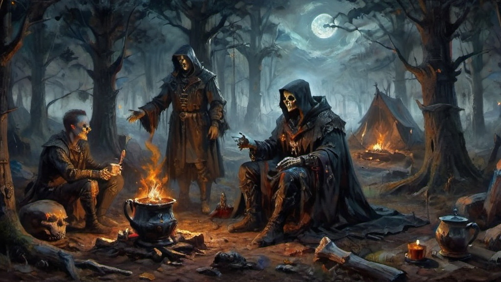 Prompt: A dramatic and tense moment in a dark, foggy forest, where a hunter and a necromancer sit near a flickering campfire. The scene captures the instant when the hunter, clad in dark, weathered armor, hands a steaming cup of coffee to the necromancer. The hunter’s breath is visible in the cold night air, and his gloved hand grips the cup with precision. The necromancer, with a ghoulish countenance and skeletal fingers, reaches out from their patchwork robes adorned with bones and arcane symbols to accept the cup. The campfire casts a spectral glow over the scene, highlighting the detailed steampunk apparatuses and gear scattered around the campsite. Trompe l’oeil techniques are used to create depth and realism, with shadows and light playing intricately across the figures and surroundings, giving the entire scene a three-dimensional, lifelike quality.