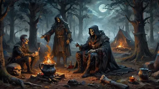 Prompt: A dramatic and tense moment in a dark, foggy forest, where a hunter and a necromancer sit near a flickering campfire. The scene captures the instant when the hunter, clad in dark, weathered armor, hands a steaming cup of coffee to the necromancer. The hunter’s breath is visible in the cold night air, and his gloved hand grips the cup with precision. The necromancer, with a ghoulish countenance and skeletal fingers, reaches out from their patchwork robes adorned with bones and arcane symbols to accept the cup. The campfire casts a spectral glow over the scene, highlighting the detailed steampunk apparatuses and gear scattered around the campsite. Trompe l’oeil techniques are used to create depth and realism, with shadows and light playing intricately across the figures and surroundings, giving the entire scene a three-dimensional, lifelike quality.