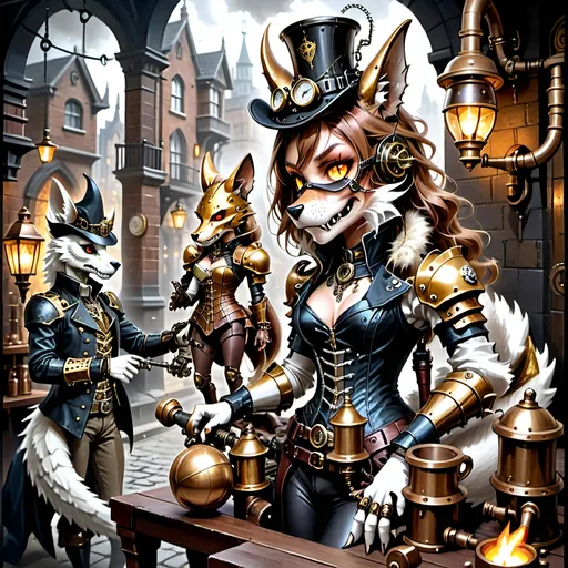 Prompt: Amid cobblestone,
Metallic dragon armor,
Gas lamps flicker bright.

Top hats, goggles gleam,
Elaborate costumes dance,
Street alive with dreams.

A staff’s fiery glow,
Adventure in steampunk air,
Brick buildings bear tales.

Gothic shadows loom,
Beasts in armor stand ready,
Mystery in eyes.

Crossbow in fur coat,
Fox with torch and long rifle,
Skull helm leads the pack.

Wolf holds skulls in hand,
Lion mask with fierce courage,
Dim light, gothic vault.

Ball of musketeers,
Steampunk twist joins old valor,
King's guard fierce and true.

Gallant swordsmen three,
Innovative one appears,
Guardian's cry heard.

Camaraderie,
King’s gift of inventive tools,
Bond of strength renewed.

Court’s festivity,
Blend of chivalry and steam,
Loyal hearts defend.
