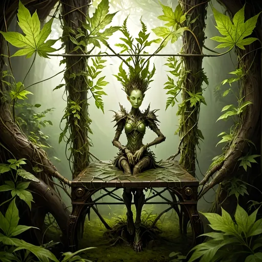 Prompt: Awakening to a world of grass and fog, this anthropomorphic marvel found itself a being of intricate design, its form fashioned from a mosaic of verdant foliage. Each leaf, a distinct contour sculpted by nature's hand, now melded seamlessly into a living, breathing tapestry of existence.

As consciousness unfurled like the delicate fronds of a fern, the anthropomorphic leaf creature's very veins pulsed with the lifeblood of intricate leaf veins, an organic network etched upon its frame - a convergence of the botanical and the mechanical. Its eyes, twin orbs of luminous intent, searched the room with an inquisitive gleam, conveying a depth of emotion that belied its leafy visage.

Donned in steampunk attire fashioned from woven textured foliage, the creature's appearance was a blend of rustic charm and whimsical elegance. The supple leather-like fabric of its leaf clothing whispered softly with each movement, granting it a tactile semblance of the sturdy yet comforting embrace of leather, exposed skin as dried leaves.

Thus, in this wondrous amalgamation of flora and function, the steampunkesque creature stood -eye contact and interaction a relaxed posture, a marvel of artistry and ingenuity, a testament to the boundless creativity that flourished in the realm where the natural world and the fantastical collide.
