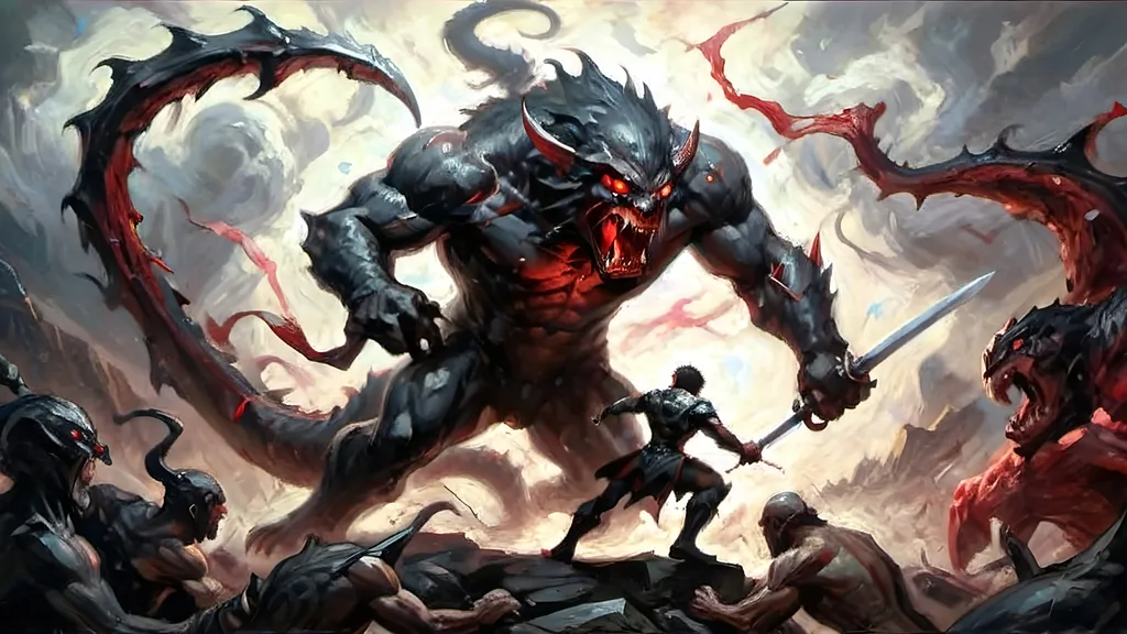 Prompt: A dynamic graphic novel-style scene of a hero battling a colossal monster, using a red, black, and white color palette. The hero is leaping through the air, about to strike the monster. The hero is rendered in stark black with red highlights on their sword and eyes, with white highlights for muscle definition and motion. The colossal monster is menacing, depicted in black with glowing red eyes and wounds, set against a white background. Motion lines in white emphasize the hero's movement, with bold lines and dramatic shadows enhancing the intensity of the battle. High contrast between the colors creates a striking, action-packed image in a bold and vivid style.