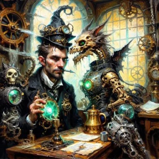 Prompt: ### Haiku Series: Steampunk Gothic Elegy
**I. Gloomy Sanctum's Veil**  
In hoary sanctum,  
Crumbling relics of dread,  
Shadows writhe and coil.  
**II. Flickers of Dismay**  
Eerie glimmers wane,  
Brass mechanisms bespeak  
Of rust's cruel decay.  
**III. Feline Warriors' Grit**  
Worn, sinewy forms,  
Anthropomorphic knights stride,  
Gear-clad audacity.  
**IV. Weapons Poised to Strike**  
In tattered espers,  
Blunderbusses starkly gleam,  
Eyes aglow with might.  
**V. The Pseudo-Drake Calls**  
Scales tarnished yet grand,  
Mechanical wyrm exhales  
Ominous green light.  
**VI. Menace in the Depths**  
Skeletal beast looms,  
Gears grating in sable night,  
Malevolence waits.  
**VII. Tension in the Air**  
Ominous foreboding,  
Gothic horror intertwines,  
Impending conflict.  
### Closing Reflection  
Eloquent shadows dance,  
In this steampunk reverie,  
Darkness meets the flame.  