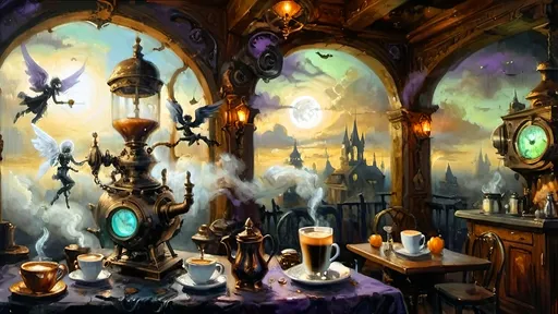 Prompt: An ethereal steampunk coffee bistro in the clouds at twilight, with angels and celestial figures serving coffee. The bistro is adorned with mechanical steampunk elements like antique bronze and copper gradients, along with silver and gold accents. The atmosphere is dreamlike and heavenly, with Halloween elements such as glowing jack-o’-lanterns, phantoms, and eerie Victorian attire. Gothic spires and shadowy ruins appear in the misty landscape, illuminated by stark chiaroscuro lighting. Eerie mists glow in shades of brown, purple, and green, while ornate brass carafes steam with celestial coffee. Angels with shimmering wings and macabre expressions serve patrons under a sky painted in lavender and soft blues. The flooring is made of glowing clouds, and the bistro furniture is airy and translucent, creating a haunting yet serene ambiance.