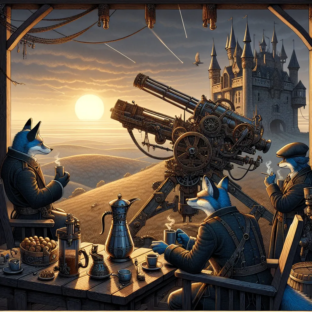 Prompt: {
  "prompt": "Illustrate a steampunk and gothic scene at dawn with an epic trebuchet and four anthropomorphic blue fox adventurers. The setting includes a dark, steampunk landscape with Dracula's fortress on a distant hill. Highlight the trebuchet with steampunk designs. Characters: Sebastian (leader), Alistair (sharpshooter), Finnegan (engineer), Cedric (medic). Include a coffee break with a steampunk coffee maker, carafe, and krumpets. Use dawn light to highlight details and create a dark, adventurous mood."
}