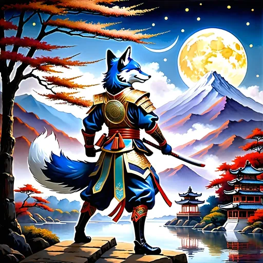 Prompt: Upon a Thomas Kinkade-style Edo period landscape:

Create an artistic composition of the “Loyal Warrior Consort” featuring acrobatic prowess with a celestial and timeless quality. The character is an early Holocene Vulpes qiuzhudingi (Blue fox) anthropomorphic warrior, showcasing martial arts skill and battle marks. Use acrylic trompe l’oeil artwork technique for dynamic action, elegance, and emotional depth. Integrate multicolor luciferin gradients to depict “Lucifurinescent glints” and “radiance ablaze,” adding otherworldly light. Blend traditional Edo period accoutrements and in-depth landscape elements with Steampunk aesthetics to symbolize “unsolved enigmas” and “alien musings.” Employ shadow layering to create depth and contrast, enhancing the mysterious atmosphere. Limit the character to two arms and two legs. Include inscriptions from a poem, such as “Radiance ablaze” and “Their tale whispers through ages,” on the character’s armor or weaponry. Set the scene against a celestial backdrop with luminous glints and a sense of transient essence, reflecting the poetic context of a timeless battle scene.