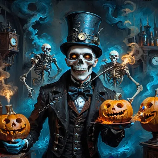 Prompt: Anthropomorphic
Strigoi toil away
Steampunkesque, sentient
technologically apt
Blunderbuss muzzle flashes
eschatologically 
By augury's hue
Strigoi tendrils hued neon
Unfurling their dread
In machinist gloom
Electric azure punctuates
Phantasmagoric
Intricately carved pumpkins
Chiaroscuro's embrace
Midst skeletal woe
Rusty spires ascend
Mist enshrouds ephemeral
Realms straddle and scream
Vibrant hues collide
Spectral visages convulse
Enigmatic dread