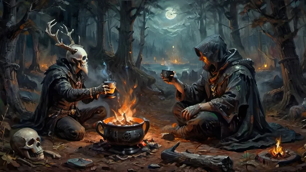 Prompt: A dramatic and tense moment in a dark, foggy forest, where a hunter and a necromancer sit near a flickering campfire. The scene captures the instant when the hunter, clad in dark, weathered armor, hands a steaming cup of coffee to the necromancer. The hunter’s breath is visible in the cold night air, and his gloved hand grips the cup with precision. The necromancer, with a ghoulish countenance and skeletal fingers, reaches out from their patchwork robes adorned with bones and arcane symbols to accept the cup. The campfire casts a spectral glow over the scene, highlighting the detailed steampunk apparatuses and gear scattered around the campsite. Trompe l’oeil techniques are used to create depth and realism, with shadows and light playing intricately across the figures and surroundings, giving the entire scene a three-dimensional, lifelike quality.