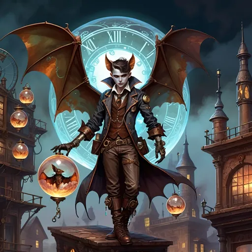 Prompt: Within arcane realms,  
Anthropomorphic bat-bodied figures glide,  
Unfurled wings sweeping through twilight skies.  
In the heart of the commune, amidst steampunk wonders,  
Three bat boys embark on a daring adventure.
Clutching a crystal sphere,  
Its vivid world encapsulated within,  
A steampunk elder reflects,  
Embracing the ethereal with knowing eyes.  
Trompe L'oeil’s whispered spell,  
Warlock's alchemy, and ancient intrigues guide them. Prehensile devil fleshy arrowhead shaped tail tips
Luciferin hues dance in the air,  
Psychedelic flames casting an otherworldly glow,  
Smoke weaving mystical tales of yore.  
The boys, undeterred, stop and have full steampunk coffee service, milk art coffee break,  move forward,  
Their high-top sneakers, a blend of leather and copper,  
Pounding the rugged terrain with determined strides.
Amidst the expansive panorama,  
Nature's flame essence glows,  
Revealing the fantasy world unfolding.  
Each step brings new perils,  
Each flutter of their wings a brush with fate.
High above, the stars bear silent witness,  
To their bravery and camaraderie,  
In the face of overwhelming odds.  
Bound by duty and a brotherhood unspoken,  
They carve their path through the heart of the commune,  
Their journey just beginning in this steampunked twilight.
With enhanced fingers tracing ancient maps,  
Expressive eyes searching for the next clue,  
They press forward into the unknown,  
Their bond a beacon in a world fraught with danger.  
Through the shimmering veil of smoke and flame,  
The adventure of three bat boys,  
Against all odds,  
Continues into the night.