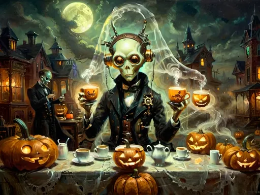 Prompt: A steampunk anthropomorphic alien hosting a midnight coffee party, set under the glowing gaze of hovering jack-o’-lanterns, enveloped in ethereal steam. The scene merges Victorian elegance with mechanical ingenuity, where ghostly guests with spectral visages sip coffee from brass cups. Flickering shadows are cast by distant ruins, and glowing mist curls at the guests' feet. The sound of unseen gears ticking rhythmically fills the air, creating an eerie yet refined atmosphere. The overall scene is a surreal tableau, blending tradition with futuristic artistry, where every element tells a story, from the steampunk decorations to the glowing jack-o’-lanterns, combining Halloween and steampunk aesthetics in a dreamlike setting.