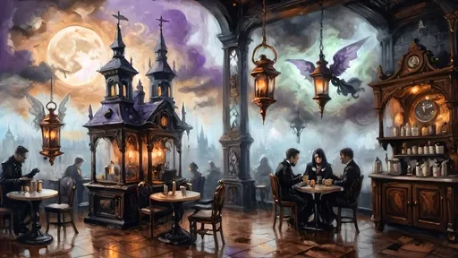 Prompt: An ethereal steampunk coffee bistro in the clouds at twilight, with angels and celestial figures serving coffee. Patrons bustling.  The bistro is adorned with mechanical steampunk elements like antique bronze and copper gradients, along with silver and gold accents. The atmosphere is dreamlike and heavenly, with Halloween elements such as glowing jack-o’-lanterns, phantoms, and eerie Victorian attire. Gothic spires and shadowy ruins appear in the misty landscape, illuminated by stark chiaroscuro lighting. Eerie mists glow in shades of brown, purple, and green, while ornate brass carafes steam with celestial coffee. Angels with shimmering wings and macabre expressions serve patrons under a sky painted in lavender and soft blues. The flooring is made of glowing clouds, and the bistro furniture is airy and translucent, creating a haunting yet serene ambiance.