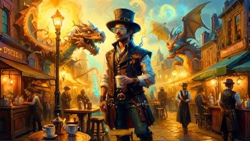 Prompt: A fantasy steampunk market square at dawn, softly illuminated by warm gaslight. Steam and fog swirl around the 'Drag’n Mondays' coffee bistro, with ornate antique bronze and copper carafes Townsfolk in leather outfits adorned with brass gears walk through the misty streets. Felix, in a leather vest and brass-tinted Doc Martens, adjusts his brass goggles, bathed in an ethereal glow. Overhead, a translucent blue and copper spectral dragon serves as a barista, breathing glowing mist.. Luciferin-glowing flowers dot the scene, set against soft pastels and warm gaslight hues, with chiaroscuro lighting creating dreamy depth.