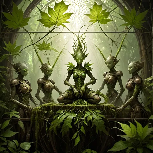 Prompt: Awakening to a world of grass and fog, this anthropomorphic marvel found itself a being of intricate design, its form fashioned from a mosaic of verdant foliage. Each leaf, a distinct contour sculpted by nature's hand, now melded seamlessly into a living, breathing tapestry of existence.

As consciousness unfurled like the delicate fronds of a fern, the anthropomorphic leaf creature's very veins pulsed with the lifeblood of intricate leaf veins, an organic network etched upon its frame - a convergence of the botanical and the mechanical. Its eyes, twin orbs of luminous intent, searched the room with an inquisitive gleam, conveying a depth of emotion that belied its leafy visage.

Donned in steampunk attire fashioned from woven textured foliage, the creature's appearance was a blend of rustic charm and whimsical elegance. The supple leather-like fabric of its leaf clothing whispered softly with each movement, granting it a tactile semblance of the sturdy yet comforting embrace of leather, exposed skin as dried leaves.

Thus, in this wondrous amalgamation of flora and function, the steampunkesque creature stood -eye contact and interaction a relaxed posture, a marvel of artistry and ingenuity, a testament to the boundless creativity that flourished in the realm where the natural world and the fantastical collide.
