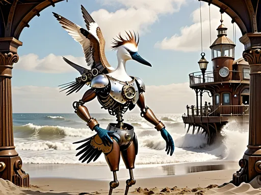 Prompt: Anthropomorphic 
Steampunkesque technology
Muscle bound seabird
---

Under morning sun,  
Seabird graces storied sands—  
Resplendent in form.

---

Elongated legs,  
Supple reeds in zephyrs’ dance—  
Sea's vast embrace calls.

---

Mischief in his eyes,  
Beachgoers’ toil unnoticed—  
Avian voyager.

---

Plumage tousled light,  
Saline breezes bring solace—  
Waves chant his essence.

---

Choreographed grace,  
Wings unfurled in ocean's song—  
Maestro of the shore.

---

Day's vibrant tableau,  
Delights of beachside revels—  
Laughter and salt tang.

---

Fellowship in skies,  
Airborne kin cavort above—  
Cerulean bond.

---

Muscle Beach's arena,  
For robust and brawny strength—  
Whimsical proscenium.

---

Stilts' realm of splendor,  
Statuesque limbs embrace waves—  
Effervescent spirit.
