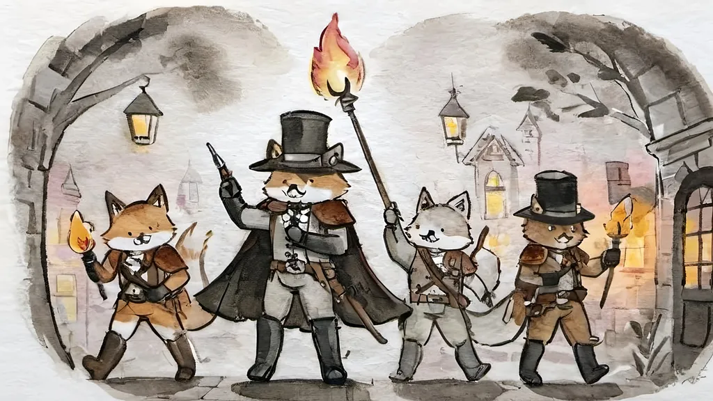 Prompt: Amid cobblestone,
Metallic dragon armor,
Gas lamps flicker bright.

Top hats, goggles gleam,
Elaborate costumes dance,
Street alive with dreams.

A staff’s fiery glow,
Adventure in steampunk air,
Brick buildings bear tales.

Gothic shadows loom,
Beasts in armor stand ready,
Mystery in eyes.

Crossbow in fur coat,
Fox with torch and long rifle,
Skull helm leads the pack.

Wolf holds skulls in hand,
Lion mask with fierce courage,
Dim light, gothic vault.

Ball of musketeers,
Steampunk twist joins old valor,
King's guard fierce and true.

Gallant swordsmen three,
Innovative one appears,
Guardian's cry heard.

Camaraderie,
King’s gift of inventive tools,
Bond of strength renewed.

Court’s festivity,
Blend of chivalry and steam,
Loyal hearts defend.