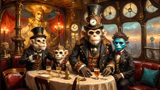 Prompt: "A steampunk masquerade ball takeover scene aboard a posh airship, titled 'The Masquerade of Shadows,' under twilight sky, grand dance deck with high ceilings, lavish gilded trimmings, elaborate frescoes, eerie chandeliers, ghostly shadows, colorful costumes, masks, Leo Brasspaw, anthropomorphic lion in leather steampunk attire with brass accents, leading rescue with son Zephyr, Leo wielding 'Dragon’s Blunderbuss' with dragon motifs, luciferin-powered energy blasts, glowing muzzle flashes, luciferin-powered saber, mechanical guardians, defensive automaton, Jester of Reckoning, Armed Jester, Top Hat Duelist, Dapper Gunman, Stoic Sharpshooter, Skeletal Figure in top hat, Skyship Horizon in background, monkey with monocle, chiaroscuro lighting."