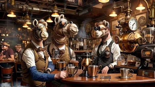 Prompt: A bustling steampunk café named 'The Roaming Hump Café,' featuring anthropomorphic camel baristas dressed in waistcoats and goggles, operating intricate, steam-powered coffee machines. The café has both camel and human patrons engaged in lively conversation. The decor includes brass gears and polished steam pipes, enhancing the warm, welcoming, adventurous, and whimsical atmosphere. The scene captures the baristas' flair in coffee crafting amidst the hum of steam and gears, with a focus on the baristas' coffee-making skills. Cinematic 16:9 view.