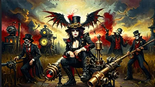 Prompt: Anthropomorphic
Dhampir technologically
Steampunkesque, sentient
Dhampir stalks dynamic
luciferin colorful
Blunderbuss muzzle flashes
eschatologically
Twilight Dhampirs rise,
Menace veiled in shadowed guise,
Gothic brass attire.
Red eyes ominous,
Faces draped in dark intent,
Fangs gleam in dim night.
Wings of metal spread,
Vocalist’s eldritch command,
Haunted notes unfurl.
Gears in twilight's grip,
Fog and rot cloak rusted cogs,
Machinery looms.
Blood-red sky above,
Sinister shadows dance close,
Crowd in hushed terror.