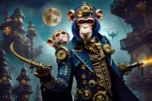 Prompt: "A steampunk masquerade ball takeover scene aboard a posh airship, titled 'The Masquerade of Shadows,' under twilight sky, grand dance deck with high ceilings, lavish gilded trimmings, elaborate frescoes, eerie chandeliers, ghostly shadows, colorful costumes, masks, Leo Brasspaw, anthropomorphic lion in leather steampunk attire with brass accents, leading rescue with son Zephyr, Leo wielding 'Dragon’s Blunderbuss' with dragon motifs, luciferin-powered energy blasts, glowing muzzle flashes, luciferin-powered saber, mechanical guardians, defensive automaton, Jester of Reckoning, Armed Jester, Top Hat Duelist, Dapper Gunman, Stoic Sharpshooter, Skeletal Figure in top hat, Skyship Horizon in background, monkey with monocle, chiaroscuro lighting."