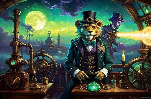 Prompt: A dynamic, heroic graphic novel scene featuring a steampunk adventure under luciferin black light. Leo Brasspaw, an anthropomorphic lion in 19th-century steampunk attire, glowing under black light, wields a Dragon’s Blunderbuss with mystical blue-green luciferin energy. His son Zephyr in matching attire, accented by crimson and lavender. Crimson oasis background, twilight sky, mechanical guardians with golden glowing gears. Skyship Horizon, a glowing airship with luciferin lights. Mouse in monocle observing from a shadowy attic corner, with moonlight casting patterns. Sharp contrasts, mystical atmosphere with blue-green, gold, crimson, and lavender highlights.