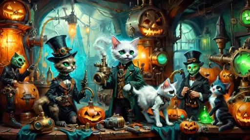 Prompt: trio of anthropomorphic kittens in steampunk Halloween toy factory, Victorian leather and copper attire, ghost hunting apparatus, brass gears, ornate brass blunderbusses, oversized Doc Martens, jester masks, sinister grins, jack-o’-lanterns, eerie masks, shadowy phantoms, gothic spires, blue and green glowing steam pipes, chiaroscuro lighting, glowing mist, modern steampunk devices, silk and brass textures