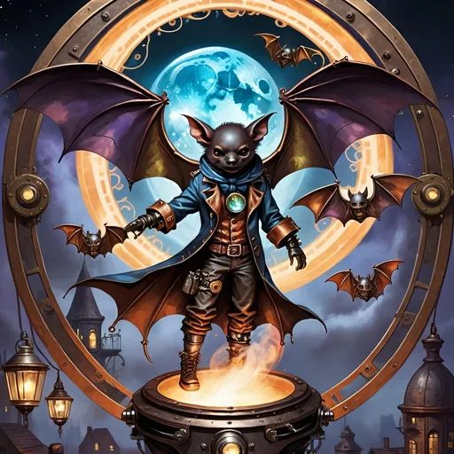 Prompt: Within arcane realms,  
Anthropomorphic bat-bodied figures glide,  
Unfurled wings sweeping through twilight skies.  
In the heart of the commune, amidst steampunk wonders,  
Three bat boys embark on a daring adventure.
Clutching a crystal sphere,  
Its vivid world encapsulated within,  
A steampunk elder reflects,  
Embracing the ethereal with knowing eyes.  
Trompe L'oeil’s whispered spell,  
Warlock's alchemy, and ancient intrigues guide them. Prehensile devil fleshy arrowhead shaped tail tips
Luciferin hues dance in the air,  
Psychedelic flames casting an otherworldly glow,  
Smoke weaving mystical tales of yore.  
The boys, undeterred, stop and have full steampunk coffee service, milk art coffee break,  move forward,  
Their high-top sneakers, a blend of leather and copper,  
Pounding the rugged terrain with determined strides.
Amidst the expansive panorama,  
Nature's flame essence glows,  
Revealing the fantasy world unfolding.  
Each step brings new perils,  
Each flutter of their wings a brush with fate.
High above, the stars bear silent witness,  
To their bravery and camaraderie,  
In the face of overwhelming odds.  
Bound by duty and a brotherhood unspoken,  
They carve their path through the heart of the commune,  
Their journey just beginning in this steampunked twilight.
With enhanced fingers tracing ancient maps,  
Expressive eyes searching for the next clue,  
They press forward into the unknown,  
Their bond a beacon in a world fraught with danger.  
Through the shimmering veil of smoke and flame,  
The adventure of three bat boys,  
Against all odds,  
Continues into the night.