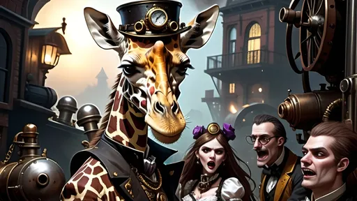 Prompt: In the vivid narrative of "### Image Rendering Text Extrapolation," a thrilling adventure unfolds amidst a unique blend of steampunk aesthetics and primal conflict.
The tale introduces us to two distinct characters: a Giraffe, characterized by a striking disk-shaped cranial structure and a fusion of Victorian attire with steampunk embellishments; and the Panthera, a creature donning steam-powered headgear and vibrant bioluminescent hues, armed with electrified Luciferin shock clubs. These characters come to life in a world teeming with steam-powered machinery, airships, and Victorian architecture adorned with gears and chimneys.
The story kicks off with a gripping inciting incident as the village of the Giraffe comes under siege by the aggressive Panthera species, driven by a desperate quest for energy resources. The ensuing journey is filled with tension as our protagonist navigates through ominous alleyways and bustling markets, overcoming challenges that test both wit and strength. From sabotaging enemy machinery to engaging in strategic combat, the narrative builds towards an epic climax—an intense showdown between the Giraffe and the formidable Panthera leader.
As the story arc reaches its zenith, the protagonist's courage and resourcefulness shine through, leading to a resolution where cunning triumphs over brute force. By outsmarting their adversaries, the Giraffe secures victory, safeguarding their people and reclaiming the valuable energy resources. This tale is a testament to resilience, ingenuity, and the indomitable spirit of those willing to face the unknown and emerge victorious against all odds.