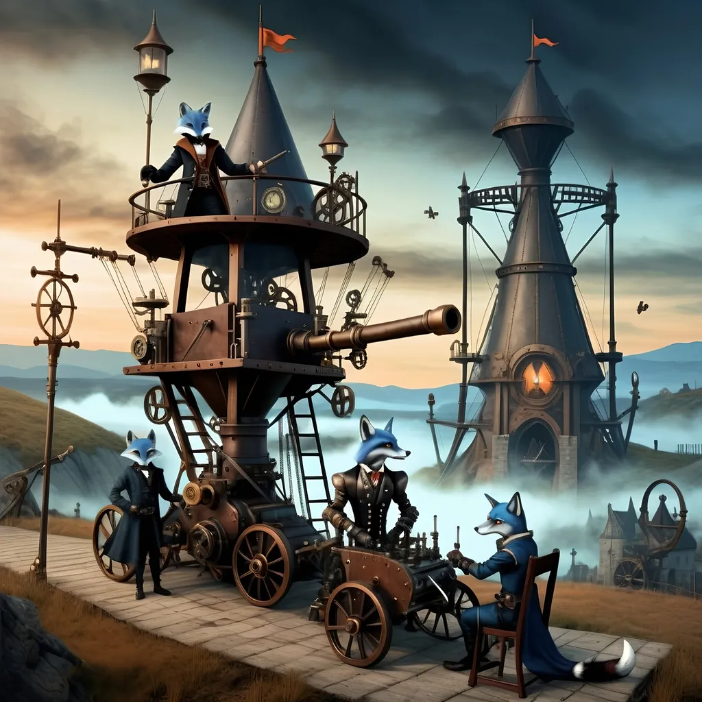 Prompt: {
  "prompt": "Illustrate a steampunkesque and gothic scene at dawn with an epic trebuchet and four anthropomorphic blue fox adventurers. The setting includes a dark, steampunkesque landscape with Dracula's fortress on a distant hill. Highlight the trebuchet with steampunkesque designs. Characters: Sebastian (leader), Alistair (sharpshooter), Finnegan (engineer), Cedric (medic). Include steampunkesque wrist grappler. Use dawn light to highlight details and create a dark, adventurous mood."
}