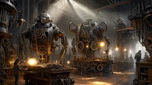 Prompt: A dimly lit workshop filled with dancing shadows cast by flickering lights. The workshop is a hive of activity with minions being crafted from brass and other metals. Spectral logs and bronze cogs are scattered around, and intricate machinery is in the background, creating a sense of trance and enchantment. The overall atmosphere is eerie and mechanical.