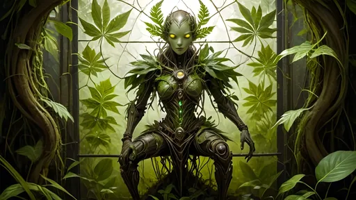 Prompt: Awakening to a world of grass and fog, this anthropomorphic marvel found itself a being of intricate design, its form fashioned from a mosaic of verdant foliage. Each leaf, a distinct contour sculpted by nature's hand, now melded seamlessly into a living, breathing tapestry of existence.

As consciousness unfurled like the delicate fronds of a fern, the anthropomorphic leaf creature's very veins pulsed with the lifeblood of intricate leaf veins, an organic network etched upon its frame - a convergence of the botanical and the mechanical. Its eyes, twin orbs of luminous intent, searched the room with an inquisitive gleam, conveying a depth of emotion that belied its leafy visage.

Donned in steampunk attire fashioned from woven textured foliage, the creature's appearance was a blend of rustic charm and whimsical elegance. The supple leather-like fabric of its leaf clothing whispered softly with each movement, granting it a tactile semblance of the sturdy yet comforting embrace of leather, exposed skin as dried leaves.

Thus, in this wondrous amalgamation of flora and function, the steampunkesque creature stood -eye contact and interaction a relaxed posture, a marvel of artistry and ingenuity, a testament to the boundless creativity that flourished in the realm where the natural world and the fantastical collide.
