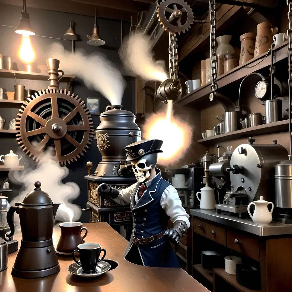 Prompt: In a realm where shadows swirl like tendrils of forgotten tales, a figure stands tall amidst the clatter of machinery and the whisper of steam. This figure is not of battles and realms, but of coffee and dreams. Enter our hero, not with sword in hand but with a steaming carafe, a barista of finesse and a steampunkesque coffeemaker that hums with mechanical precision.
In this surreal tapestry of bones and gears, where the aroma of freshly ground beans mingles with the scent of aged metal, the hero weaves a tale not of conquest, but of creation. With each carefully crafted cup, each swirl of tastefully engineered foam, the hero challenges not the throne, but the very essence of tradition and innovation.
Picture this scene: an ornate coffee carafe, adorned with intricate engravings that tell stories of old, a steaming styled foam rising like the curls of forgotten whispers, and a barista whose hands move with the grace of a master artisan. As the hero brews a blend that transcends time and taste, he becomes a catalyst for change in a world where coffee is not just a drink, but a symbol of unity and progress.
So, amidst this steampunkesque backdrop of clinking chains and whirring cogs, our hero stands not as a warrior, but as a champion of caffeinated dreams, ready to stir hearts and awaken minds to the possibilities that lie beyond the realm of bones and machinery. In this tale of triumph and transformation, the hero's destiny is not to conquer, but to inspire a new era where the art of coffee-making is as revered as the most epic of legends.