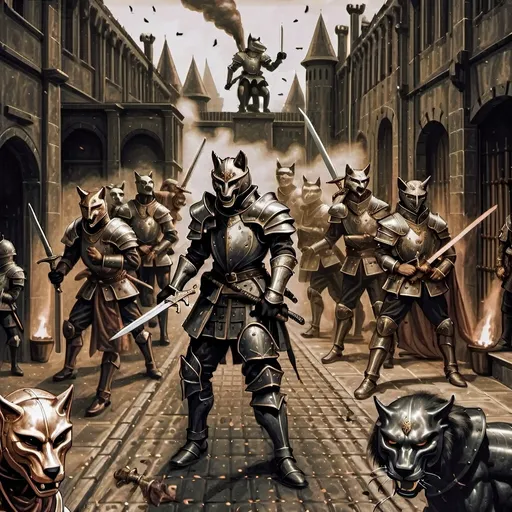 Prompt: ### Combination 3: Mythic Guardians
1. **Gallant swordsmen three,**
2. **King's guard fierce and true,**
3. **Beasts in armor, eyes alert,**
4. **Wolf holds skulls in grasp,**
5. **Lion mask shows bravery bold,**
6. **Mystery follows.**
