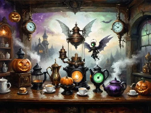 Prompt: ethereal steampunkesque coffee bistro in the clouds with angels and celestials, dreamlike atmosphere with mechanical steampunk elements, antique bronze, copper gradients, silver and gold accents. The space is heavenly and dreamlike, filled with Halloween elements like jack-o’-lanterns, phantoms, eerie Victorian attire, and a gothic twist. There are shadowy ruins and misty landscapes under stark chiaroscuro lighting, with eerie mists glowing in shades of brown, purple, and green. Celestial beings in fun macabre Victorian attire with ornate brass coffee makers and carafes add to the scene's whimsical yet haunting atmosphere.