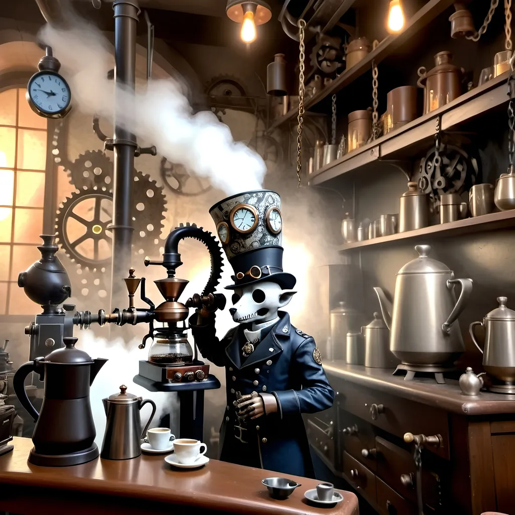 Prompt: In a realm where shadows swirl like tendrils of forgotten tales, a figure stands tall amidst the clatter of machinery and the whisper of steam. This figure is not of battles and realms, but of coffee and dreams. Enter our hero, not with sword in hand but with a steaming carafe, a barista of finesse and a steampunkesque coffeemaker that hums with mechanical precision.
In this surreal tapestry of bones and gears, where the aroma of freshly ground beans mingles with the scent of aged metal, the hero weaves a tale not of conquest, but of creation. With each carefully crafted cup, each swirl of tastefully engineered foam, the hero challenges not the throne, but the very essence of tradition and innovation.
Picture this scene: an ornate coffee carafe, adorned with intricate engravings that tell stories of old, a steaming styled foam rising like the curls of forgotten whispers, and a barista whose hands move with the grace of a master artisan. As the hero brews a blend that transcends time and taste, he becomes a catalyst for change in a world where coffee is not just a drink, but a symbol of unity and progress.
So, amidst this steampunkesque backdrop of clinking chains and whirring cogs, our hero stands not as a warrior, but as a champion of caffeinated dreams, ready to stir hearts and awaken minds to the possibilities that lie beyond the realm of bones and machinery. In this tale of triumph and transformation, the hero's destiny is not to conquer, but to inspire a new era where the art of coffee-making is as revered as the most epic of legends.