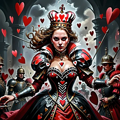 Prompt: In a realm where the cards held court and battles unfolded upon the velvet battlefield, there stood the Queen of Hearts, a regal figure with a turbulent spirit that ignited fervor in her loyal subjects – her men, the mighty soldiers of her crimson domain.
With a gaze that could melt steel and a heart that beat thunder into the very ground they tread, she commanded her troops like a tempest unleashed, each man an embodiment of her unyielding will. As the clash of swords and the thunder of footsteps filled the air, the Queen's call to arms echoed across the lands, stirring her men into a frenzy of unwavering loyalty.
Amidst the chaos of the battlefield, her men rushed forth, their movements a symphony of controlled chaos. With hearts blazing like infernos, they tore through the enemy lines, their actions swift and merciless. Eyes met their merciless blades as they surged forward, a whirlwind of crimson and steel, gouging out the very essence of opposition before them.
And there, at the heart of the tumultuous storm she had summoned, the Queen of Hearts stood, a vision of sovereignty and power, orchestrating the brutal ballet of war with a grace that belied the chaos around her. Her presence was both feared and revered, a beacon of unwavering resolve that fueled her men's frenzy and struck dread into the hearts of her foes.
In that moment, as the clash of arms and the cries of battle filled the air, the Queen of Hearts reigned supreme, a sovereign of unparalleled ferocity and indomitable spirit, leading her men to victory amidst the carnage and chaos of the battlefield.